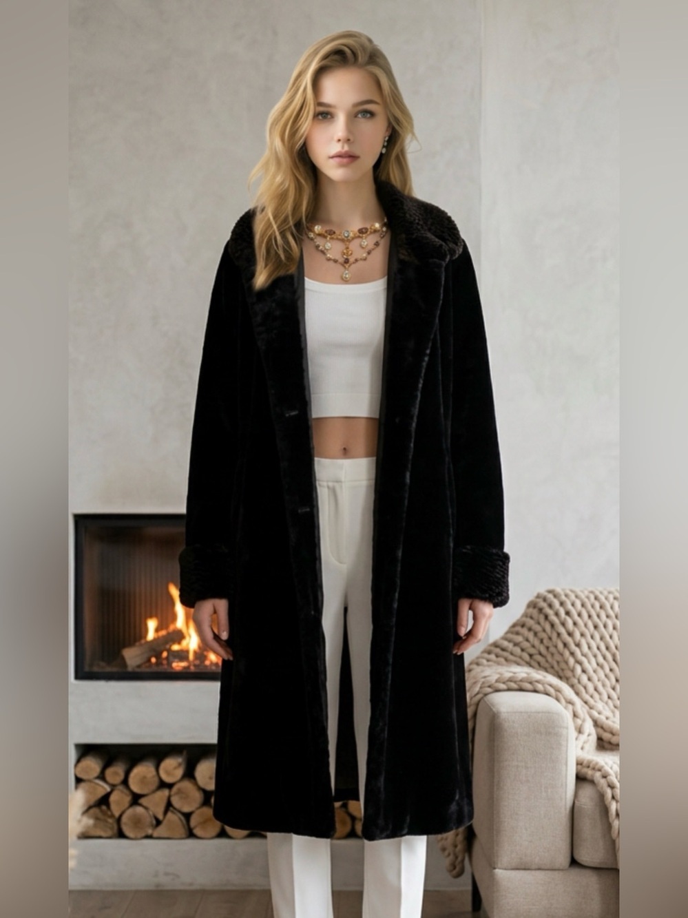 Luxurious Black Teddy Jacket with Fur Trim